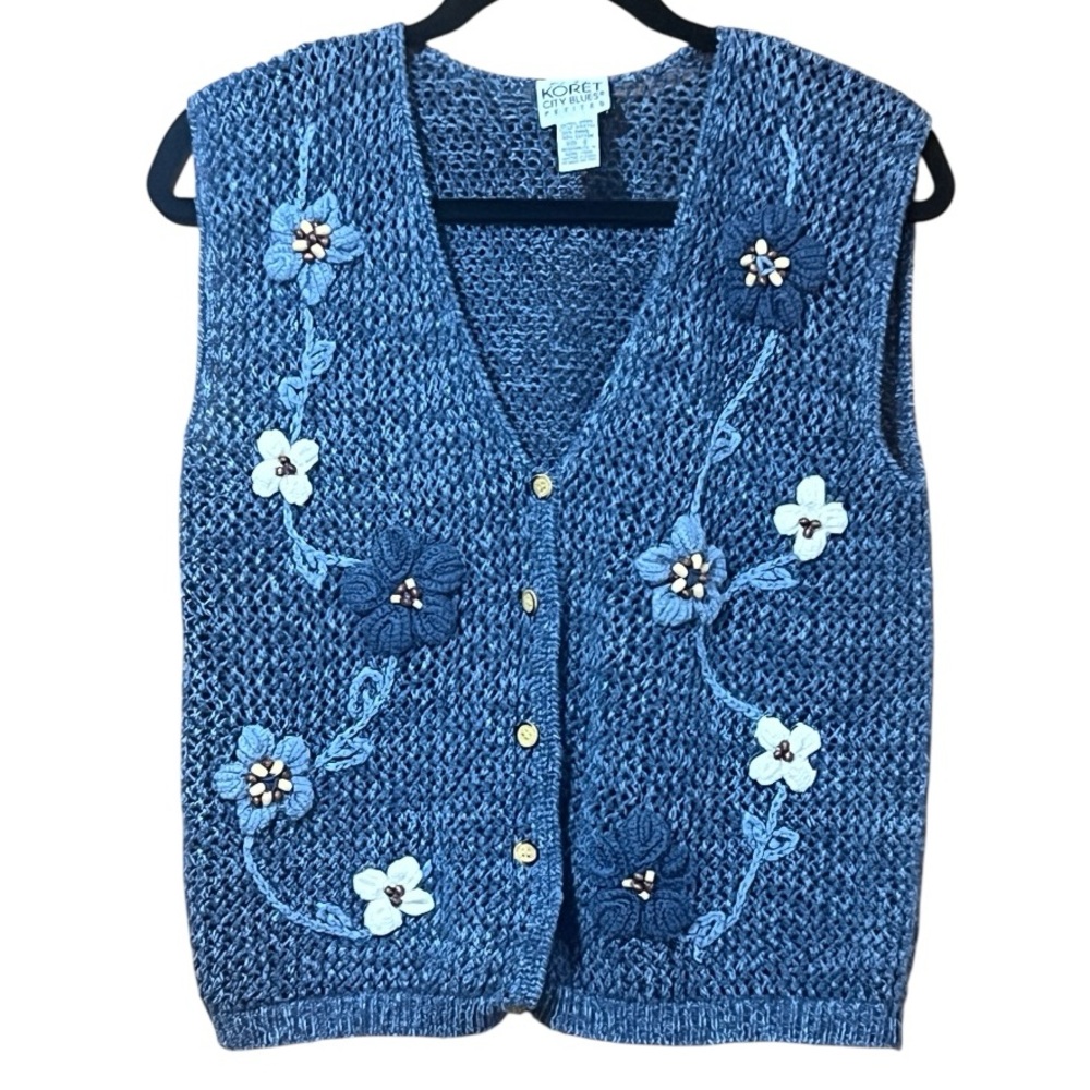 Vintage Knit Vest Cardigan Blue Crochet Appliqué Flowers Wooden Beads Size Small